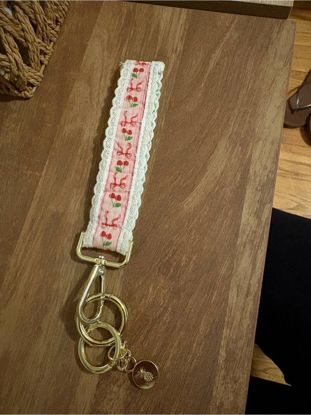 Floral Pink Lace Keychain Wristlet with Gold Hardware